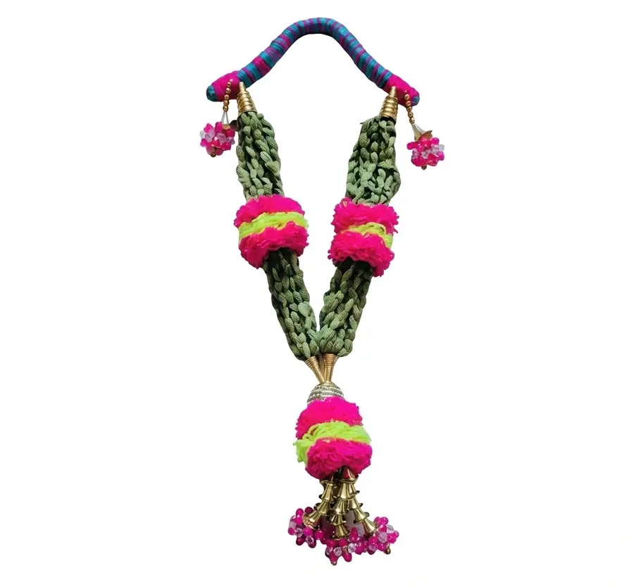 பிங்க் & ரேடியம் யெல்லோ நூல் ஏலக்காய் கைத்தறி மாலை (Pink & Radium Yellow Thread Elaichi Handmade Maalai)